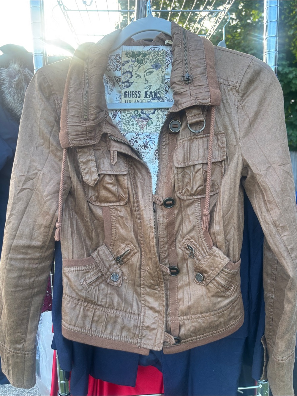 Guess Brown Tan Utility Jacket with Hood Drawcord